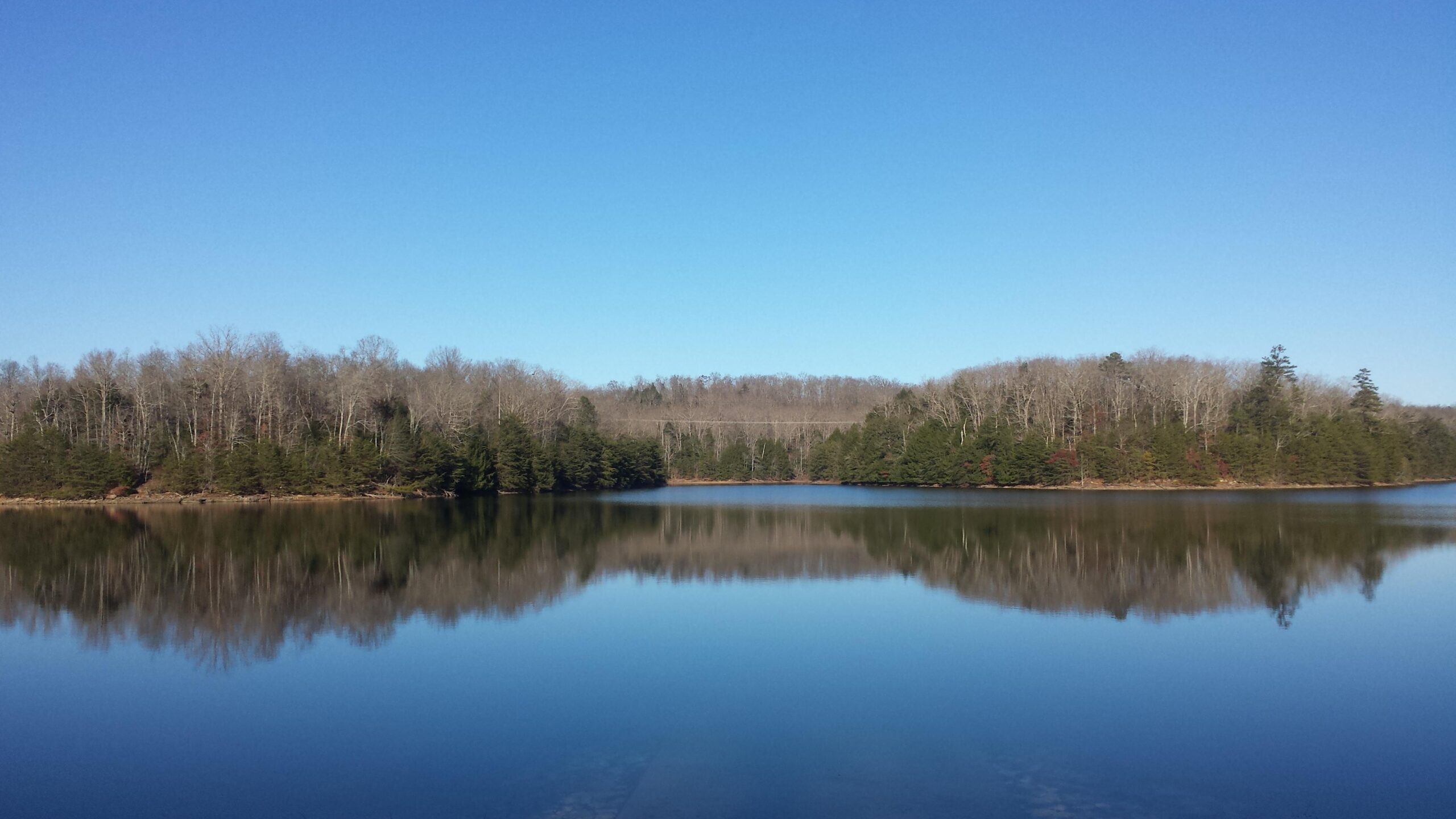A serene view of a calm lake surrounded by trees, reflecting the clear blue sky above. The water's surface is smooth, creating a mirror-like effect, while the landscape features a mix of bare trees and evergreens along the shoreline. Sheltowee Trace - Laurel Lake Trail mountain bike trail.