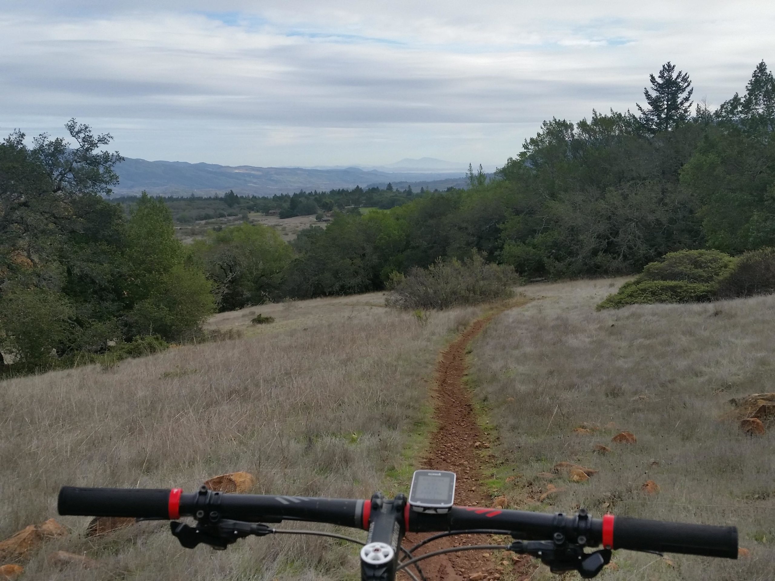 Alt text: A view from the handlebars of a mountain bike, showing a winding dirt trail surrounded by grassy fields and trees, leading towards distant mountains under a partly cloudy sky. Annadel State Park mountain bike trail.