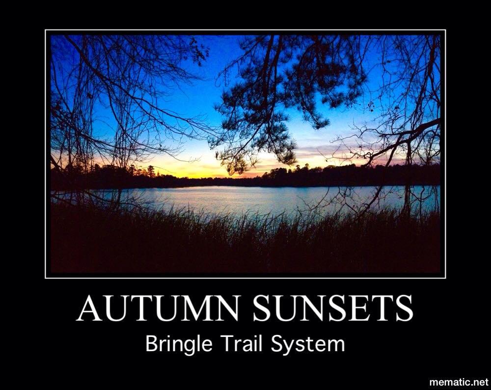 A picturesque autumn sunset over a tranquil lake, framed by silhouetted trees and grasses in the foreground. The sky displays a gradient of blue and orange hues, highlighting the serene beauty of the Bringle Trail System. Bringle Lake Mountain Bike Trail System mountain bike trail.