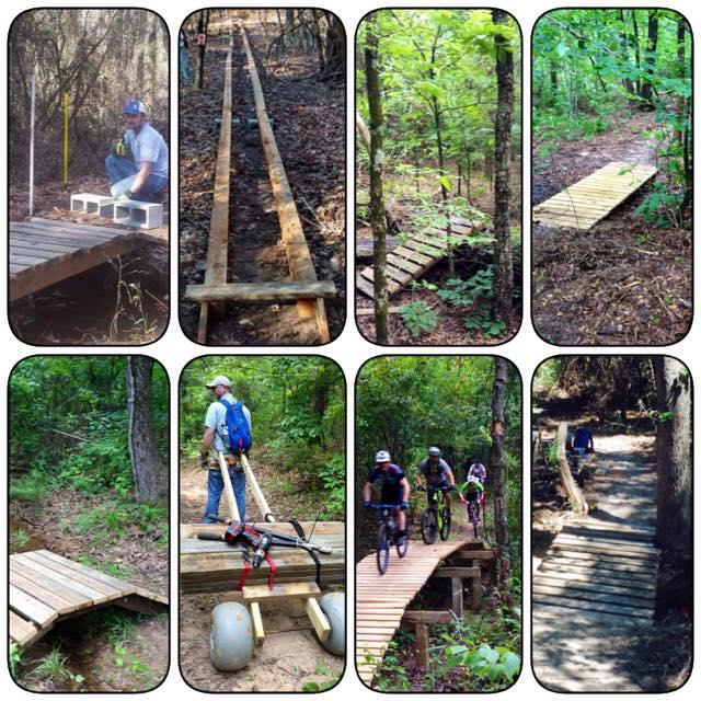 A collage of images showcasing a trail-building project in a wooded area. The images depict various stages of construction, including laying wooden planks for a bridge, a worker setting up the foundations, and individuals transporting materials. There are also views of finished wooden pathways and cyclists riding over new bridge structures, highlighting the efforts to improve outdoor recreational trails. Bringle Lake Mountain Bike Trail System mountain bike trail.