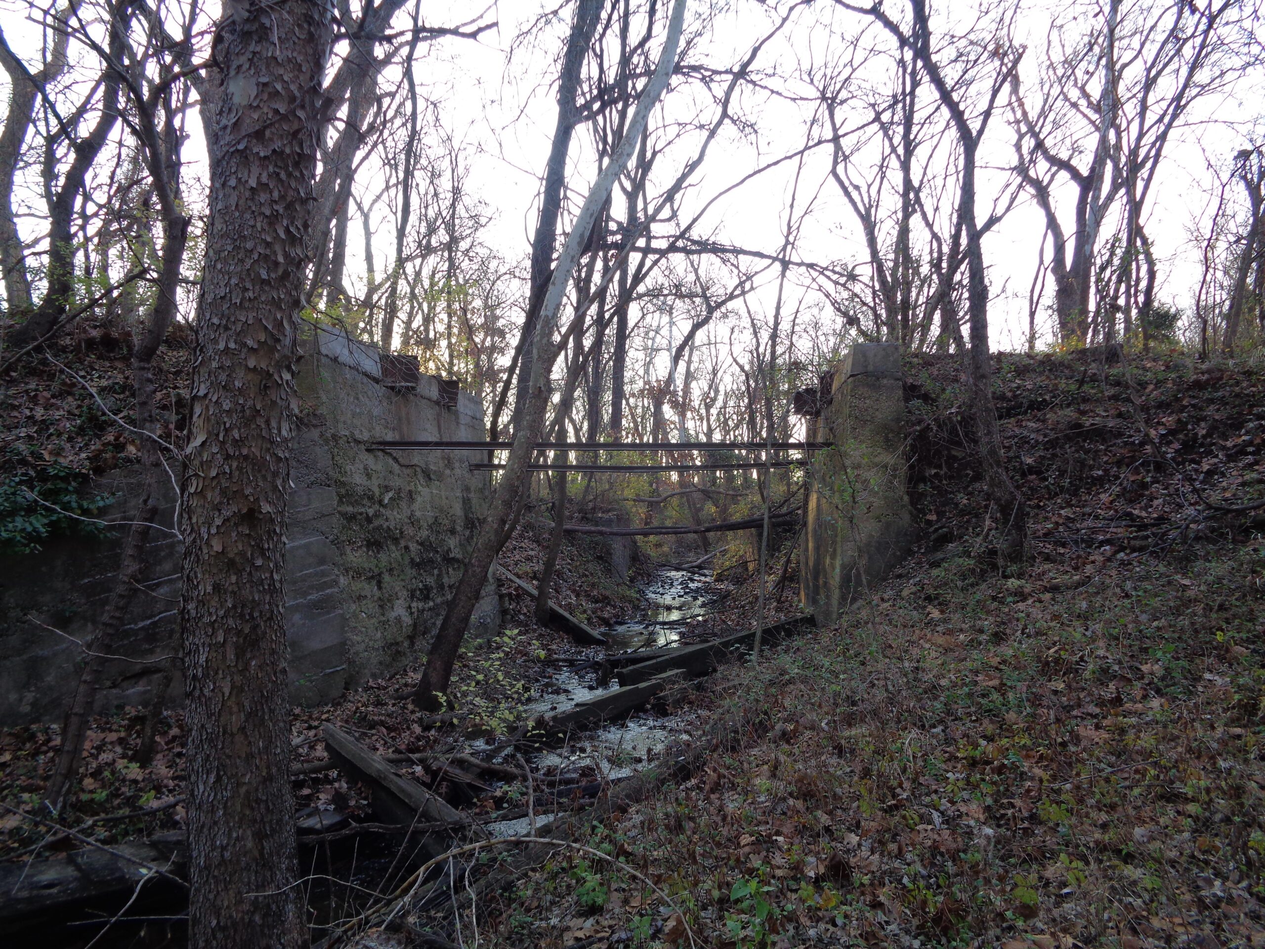 An abandoned concrete structure spanning a narrow, overgrown stream, surrounded by trees with sparse leaves. The scene is set in a wooded environment, featuring a mix of fallen leaves and grass on the forest floor, with remnants of a wooden bridge visible in the foreground. Lehigh Portland Trails mountain bike trail.