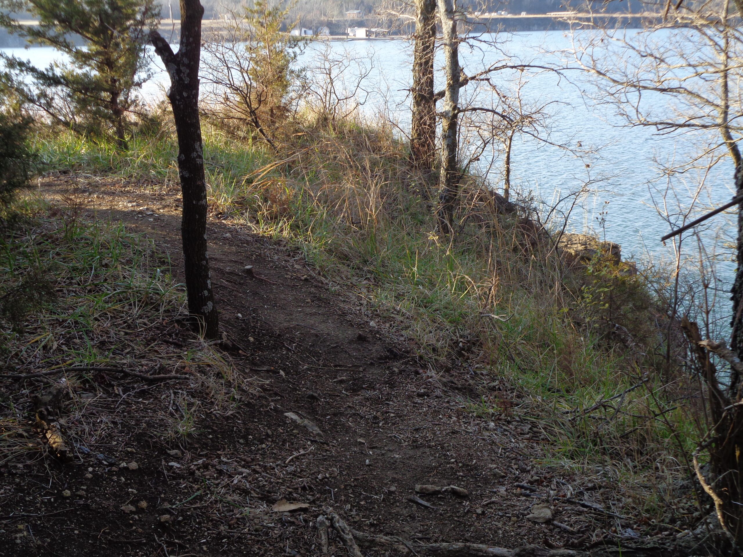 A narrow dirt path winding alongside a body of water, bordered by sparse trees and tall grasses. The path leads to a rocky edge overlooking the water, with sunlight filtering through the branches, creating a serene natural atmosphere. Lehigh Portland Trails mountain bike trail.