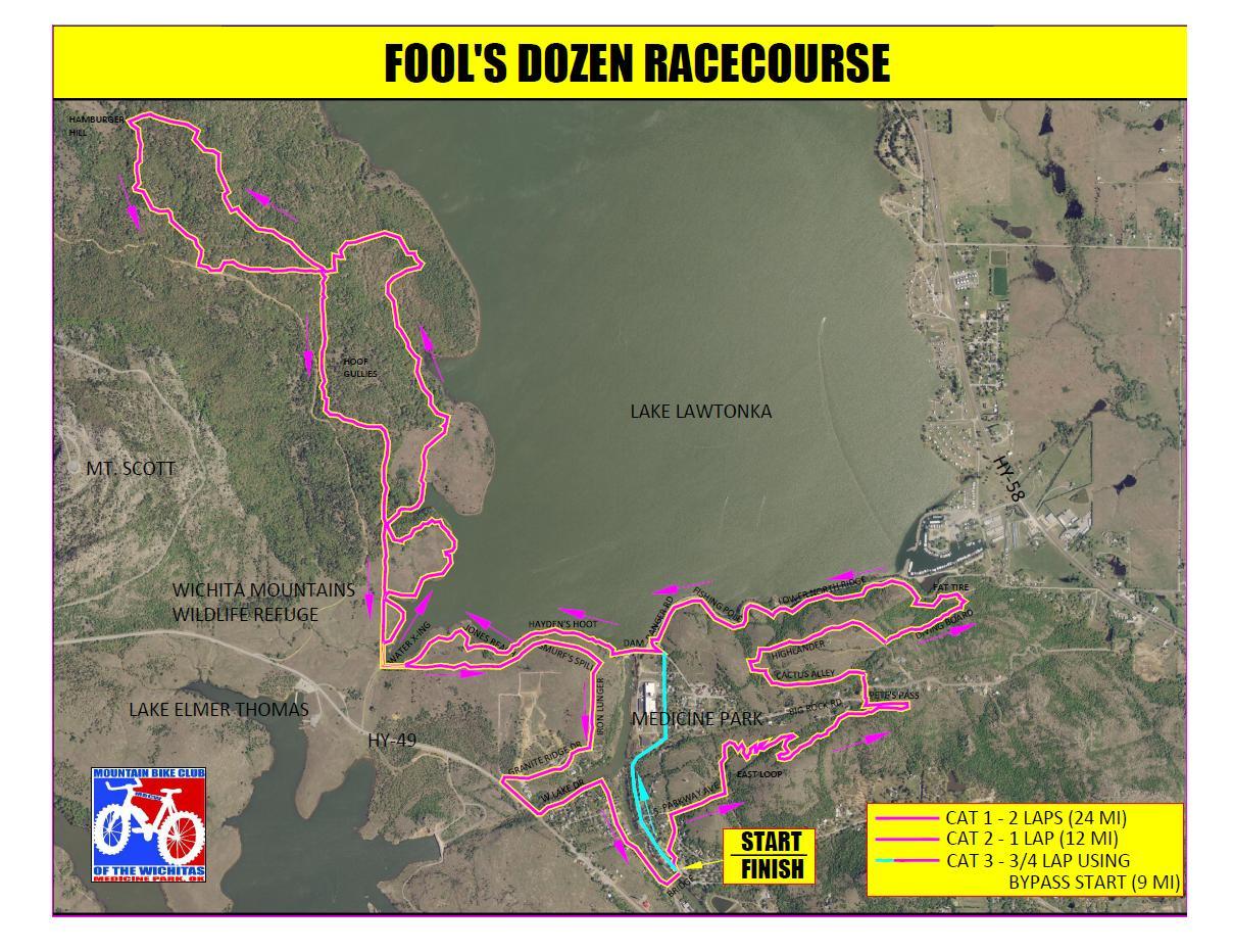 Map of the Fool's Dozen Racecourse, featuring three distinct race categories with marked paths. The map highlights Cat 1 (2 laps, 24 miles), Cat 2 (1 lap, 12 miles), and Cat 3 (3/4 lap using bypass, 9 miles). Key landmarks include Lake Lawtonka, Mount Scott, and the Wichita Mountains Wildlife Refuge, with a start/finish point indicated. Paths are outlined in pink and yellow for clarity. Lake Lawtonka Trails mountain bike trail.