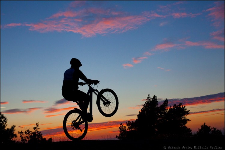 A silhouette of a cyclist performing a wheelie against a vibrant sunset sky, with pink and orange clouds contrasting the deep blue background. Trees are visible in the foreground.