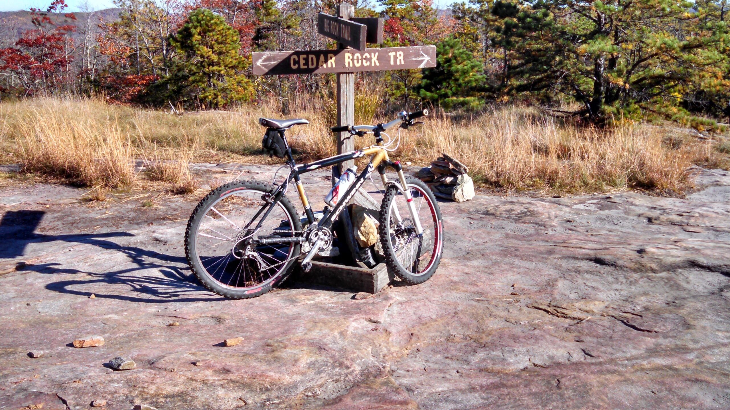 Schwinn Homegrown: A mountain bike leaning against a wooden trail sign that points to Cedar Rock Trail, surrounded by tall grasses and trees with autumn foliage in a rocky outdoor setting.