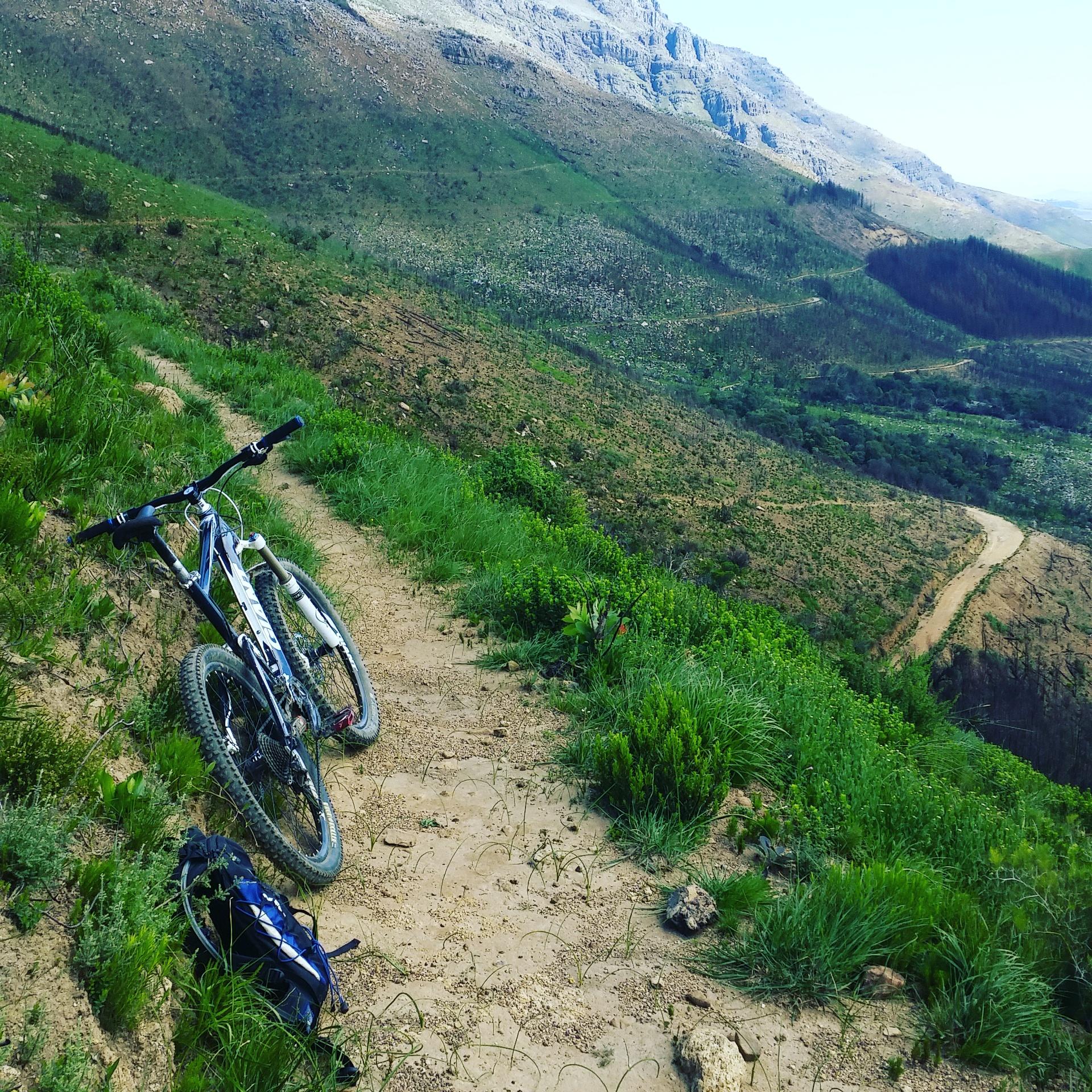 Giant Trance: A mountain bike rests on a dirt path surrounded by lush green grass and hills. In the background, a winding trail and a mountainous landscape can be seen, indicating a scenic riding area. The scene captures the essence of outdoor adventure and the beauty of nature.