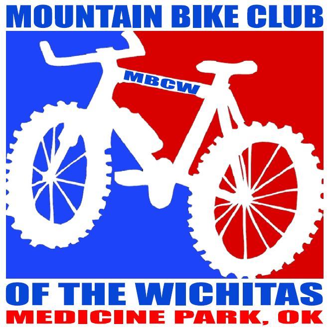 Graphic logo for the Mountain Bike Club of the Wichitas, featuring a stylized silhouette of a bicycle in white against a red and blue background. Text includes "MBCW" prominently displayed on the bicycle, along with "MOUNTAIN BIKE CLUB OF THE WICHITAS" and "MEDICINE PARK, OK" at the bottom. Lake Lawtonka Trails mountain bike trail.