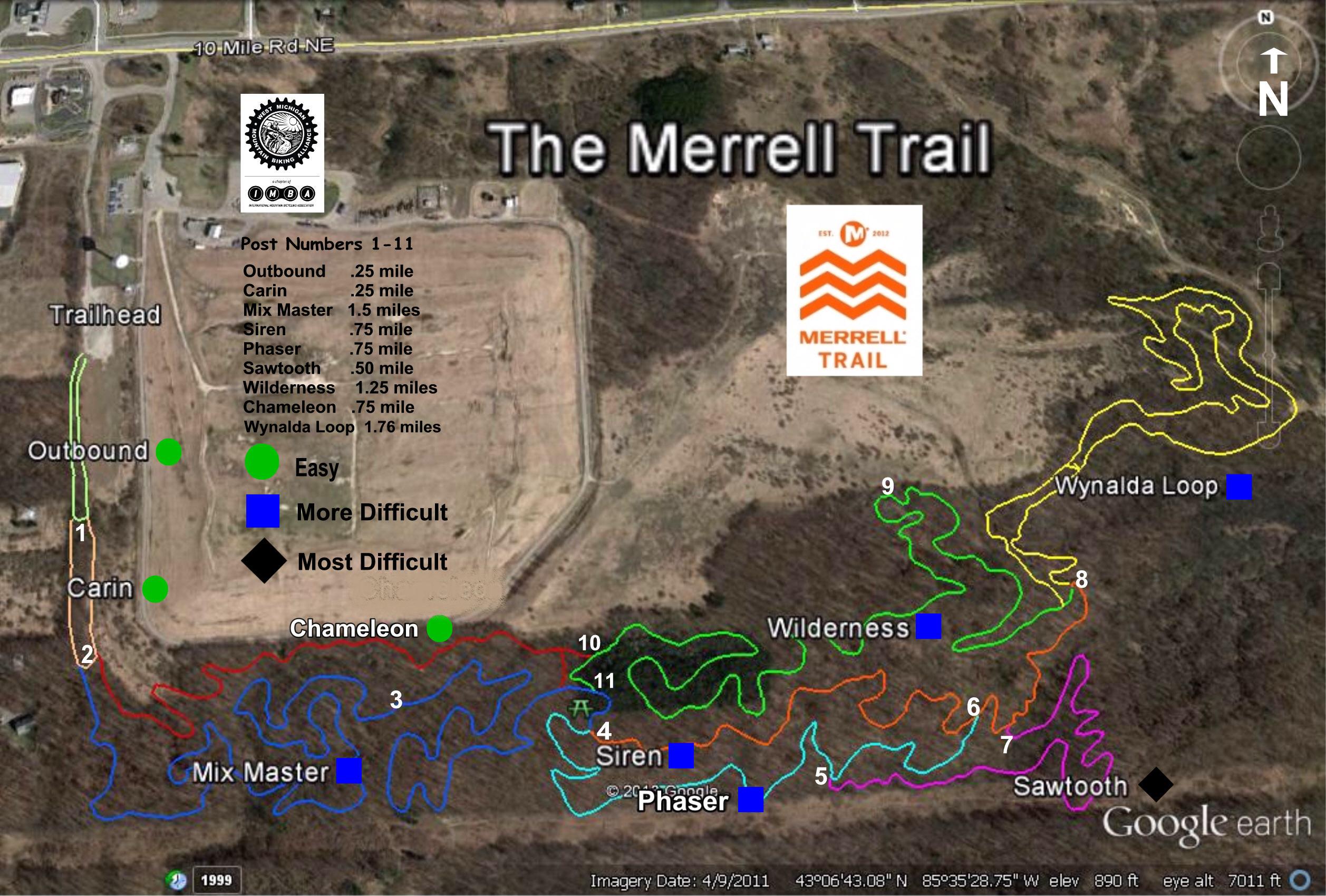 Map of the Merrell Trail, showing various trail segments, difficulty levels, and distances. Key features include labeled trail post numbers, a trailhead location, and difficulty ratings for each segment, indicated by colors (green for easy, blue for more difficult, and black for the most difficult). The map also includes a logo for the Merrell Trail and surrounding wooded areas. Merrell Trail mountain bike trail.