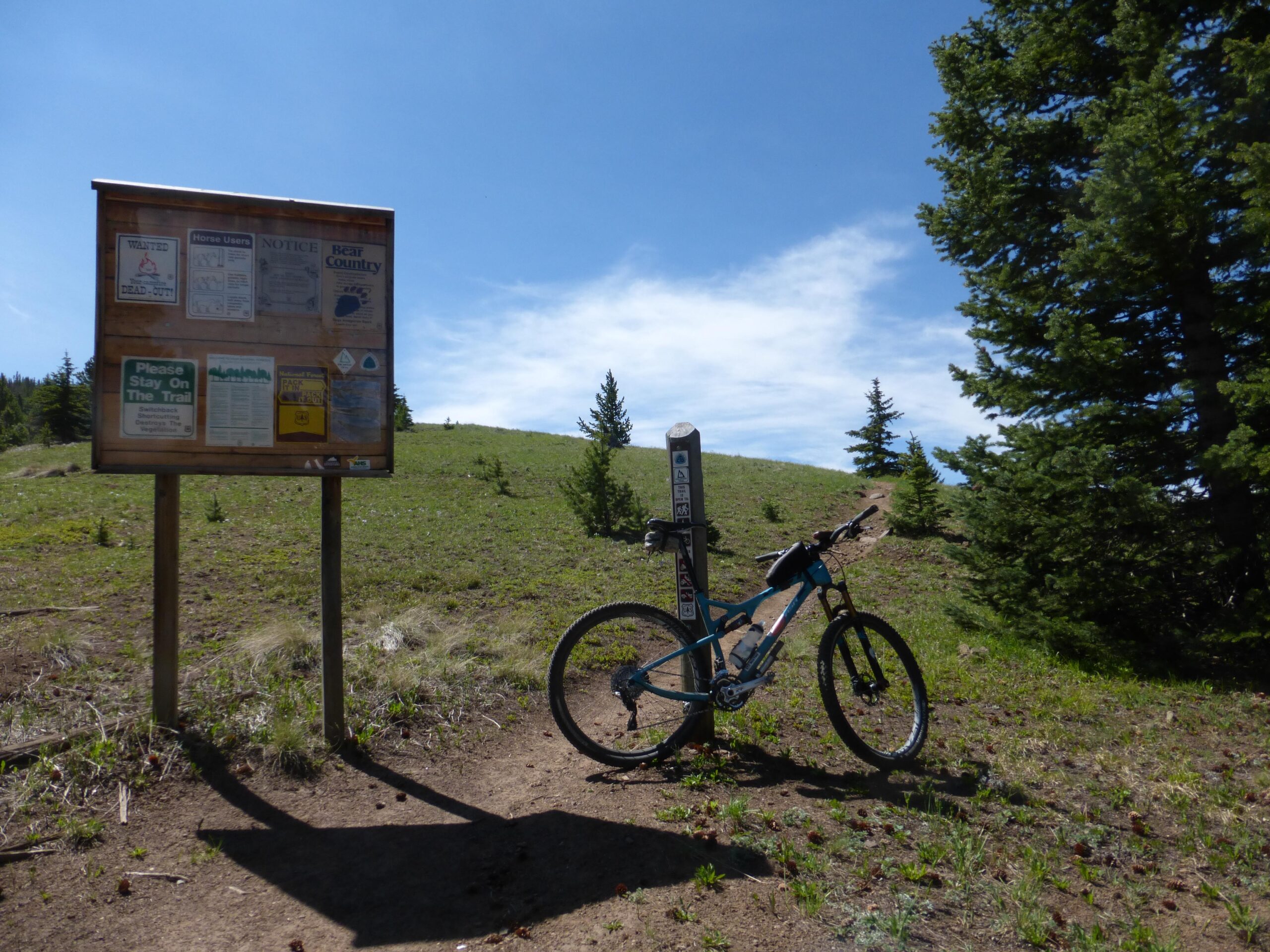 Yeti ASRc: A mountain bike leaning against a trail sign in a grassy area, with a blue sky and scattered clouds in the background. The sign features various informational posters, including one about bear country and a reminder to stay on the trail. Surrounding the area are patches of trees and a gentle slope leading into the distance.