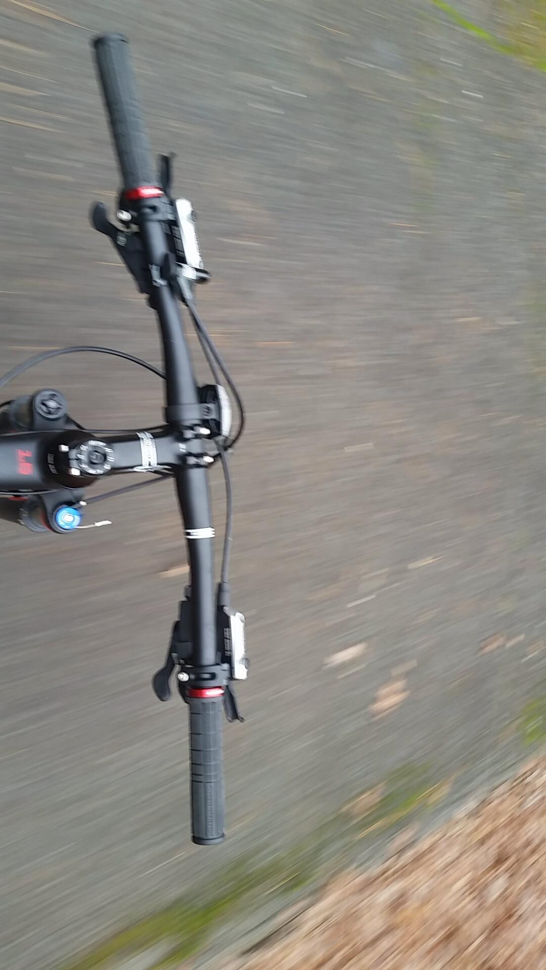 Cannondale Trail SL 29 1: A blurred view of bicycle handlebars and part of the front fork, indicating movement, with a pathway in the background.