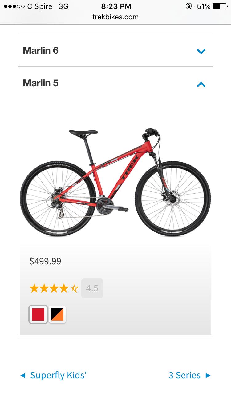 Trek Marlin 5: Image of a Trek Marlin 5 mountain bike in bright red. The bike features a lightweight frame, front suspension, and disc brakes, designed for off-road trails. Price listed at $499.99 with a customer rating of 4.5 stars.