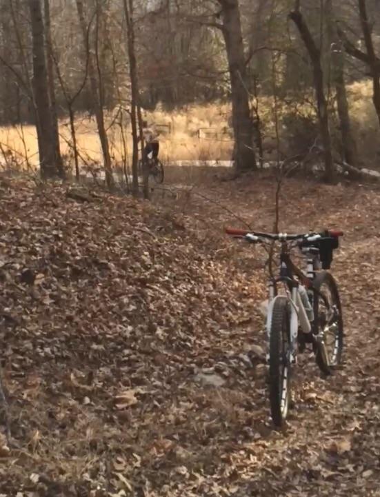 A mountain bike resting on a trail covered with fallen leaves, with a blurred figure riding a bike in the background among the trees. The scene is set in a wooded area during autumn, with a soft golden light illuminating the landscape. Harbins Park mountain bike trail.