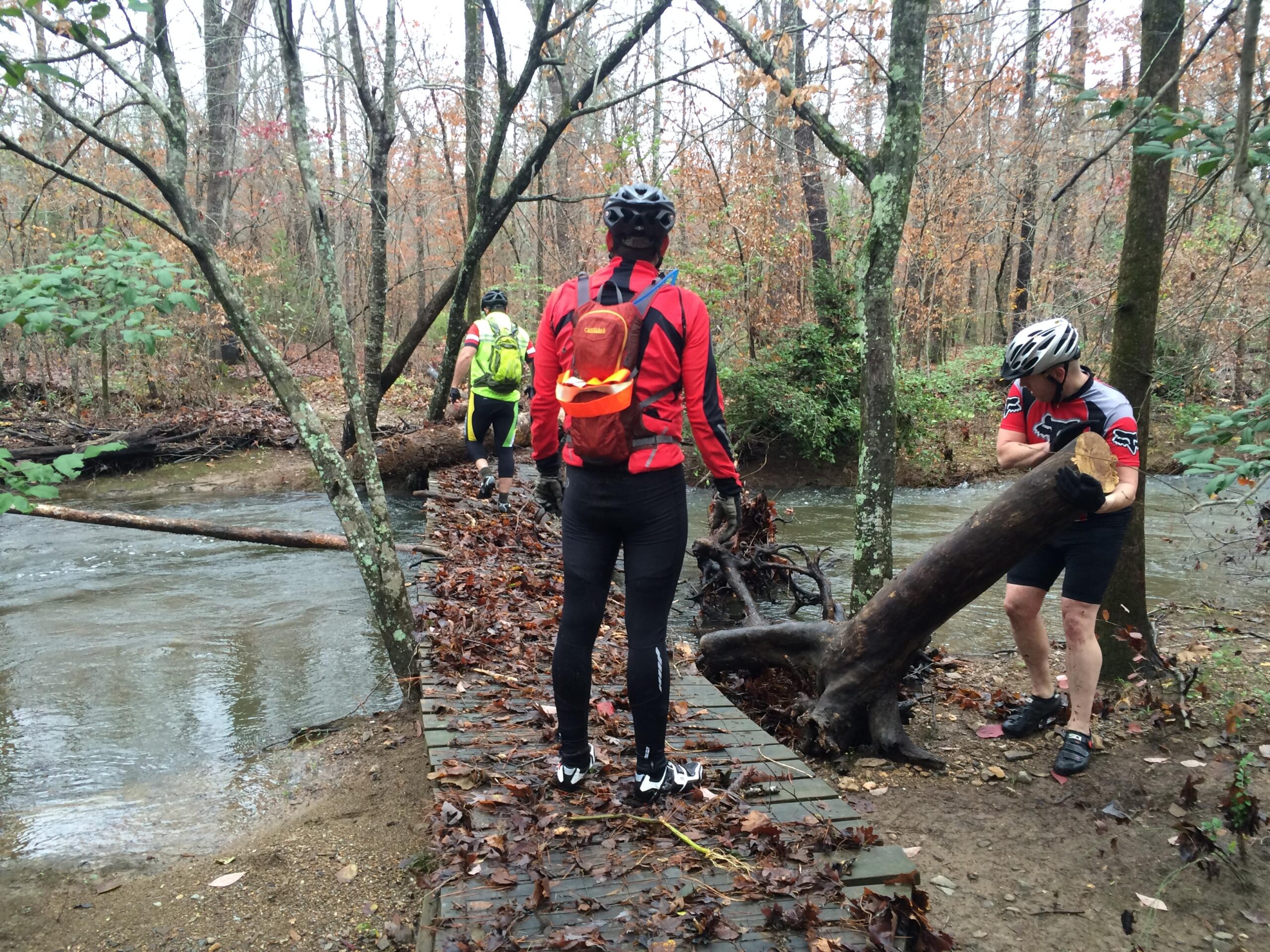 A group of mountain bikers navigates a wooded area near a stream, with one cyclist lifting a fallen log while another walks on a wooden path. The scene is surrounded by bare trees and autumn foliage, indicating a cool, overcast day. Cedar Glades Trail mountain bike trail.