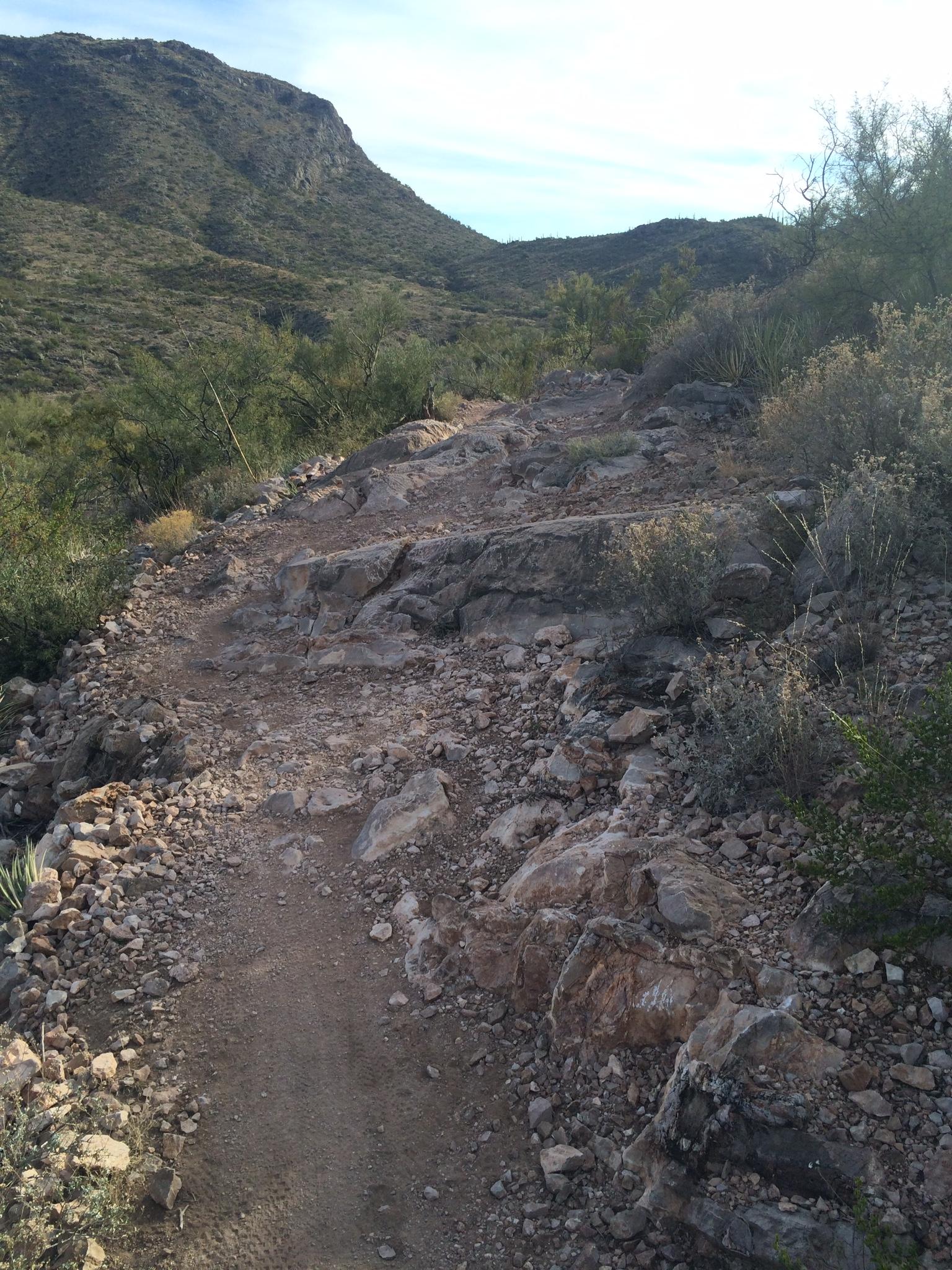 A rocky, rugged trail winding through a mountainous landscape, surrounded by sparse vegetation and hills in the background. The path is uneven, made up of loose rocks and dirt. The sky is partly cloudy, indicating a sunny day. Arizona Trail: Cienega Corridor mountain bike trail.