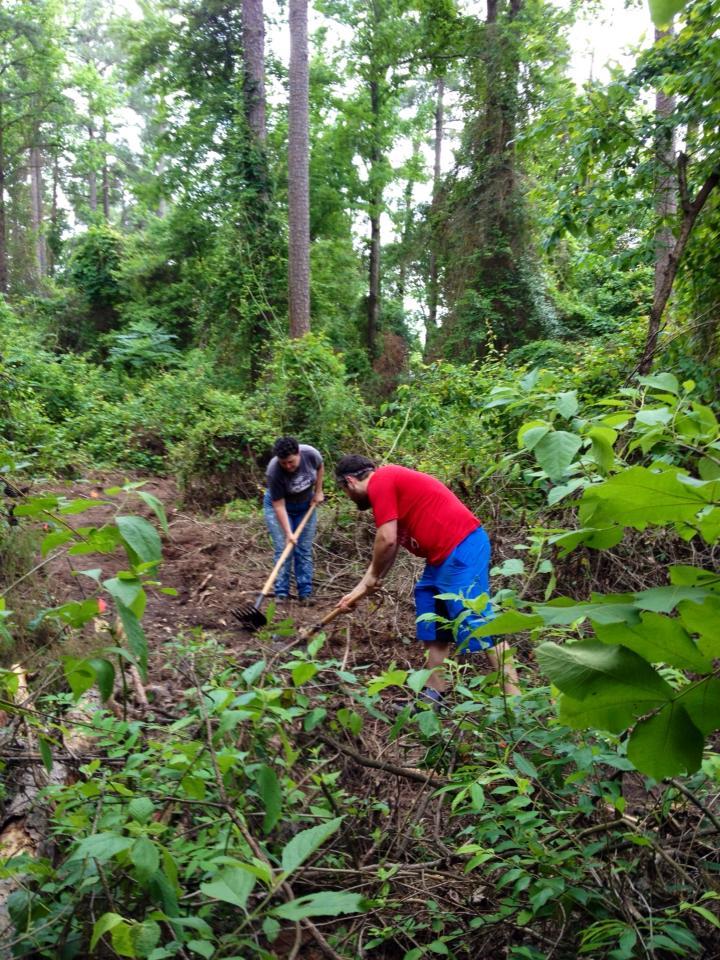 Two individuals are working together in a dense forested area, engaged in digging and clearing the ground. One person, wearing a gray shirt and blue jeans, is using a shovel, while the other, dressed in a red shirt and blue shorts, is raking. Surrounding them are tall trees and lush green vegetation, indicating a natural and untamed environment. Bringle Lake Mountain Bike Trail System mountain bike trail.