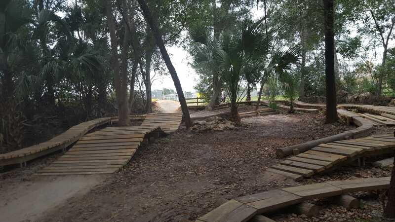 Wooden pathways winding through a forested area with lush greenery and palm trees, leading to an open space in the distance. The ground is covered with fallen leaves, and the natural setting suggests a peaceful outdoor environment. Mount Dora Trail mountain bike trail.