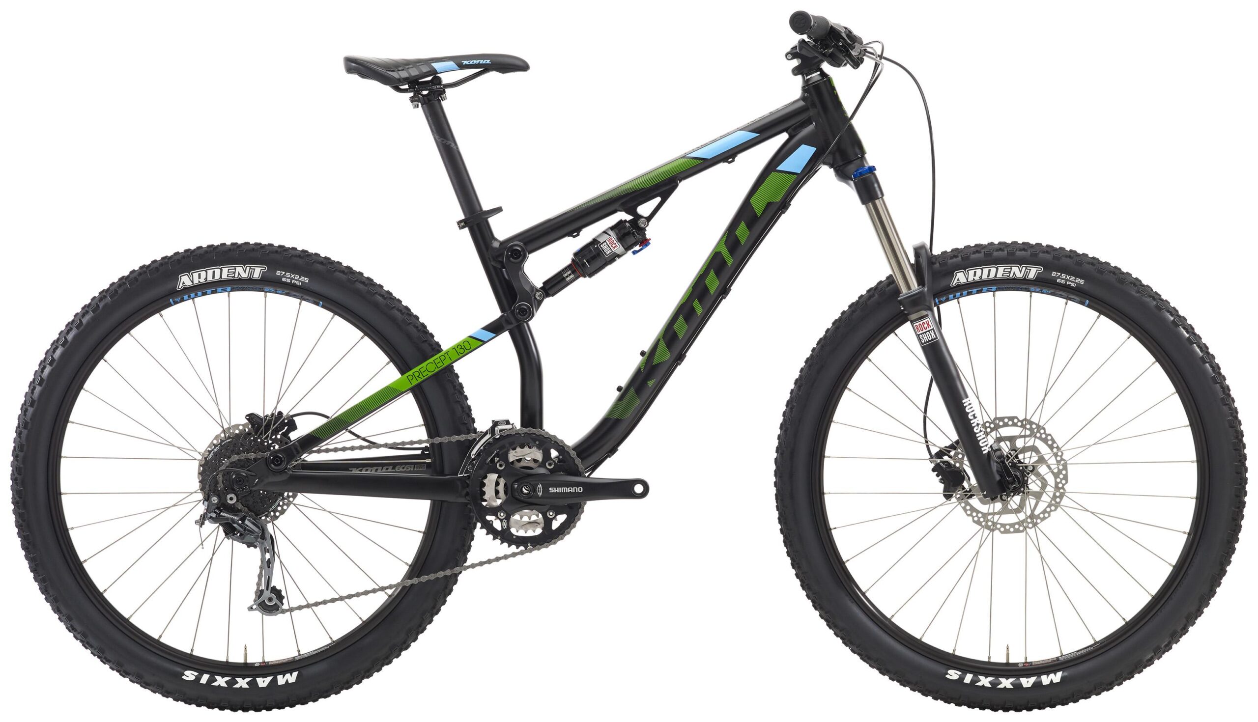Kona Precept: Mountain bike featuring a black and green frame with blue accents, equipped with wide tires, a Shimano drivetrain, and a front suspension fork. The bike is designed for off-road terrain, showcasing rugged tires and a sturdy build.