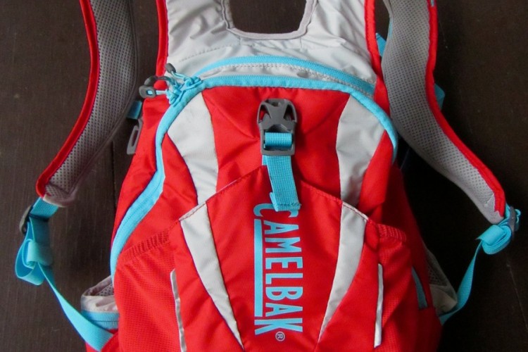 A red and gray CamelBak hydration pack featuring adjustable straps, multiple storage compartments, and a distinctive blue logo. The pack is laid flat against a dark wooden surface, showcasing its design and color scheme.