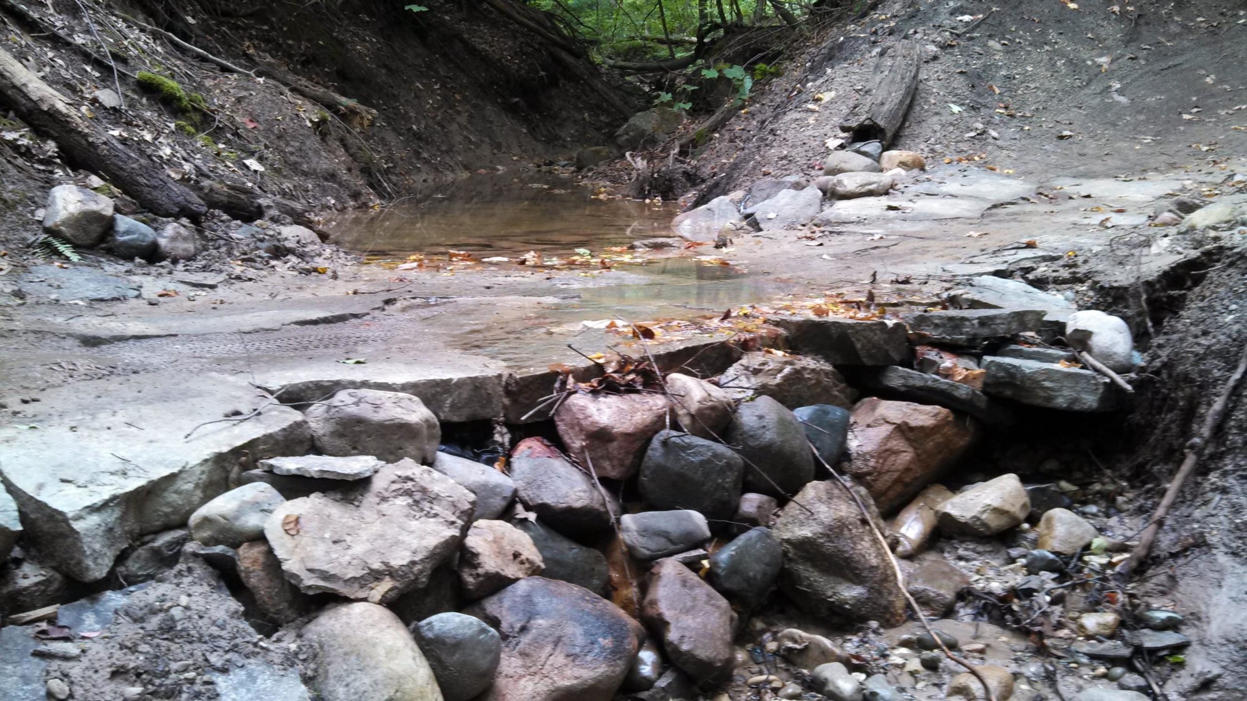 A shallow creek bed lined with various sizes of smooth stones and rocks, with patches of dirt and a few scattered leaves. In the background, a small pool of water reflects the surrounding greenery, while the banks rise steeply on either side, showcasing earthy textures and natural vegetation. Merrell Trail mountain bike trail.