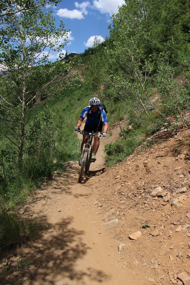 A mountain biker riding along a dirt trail surrounded by greenery and trees on a sunny day, with blue skies and scattered clouds in the background. Trail 401 mountain bike trail.