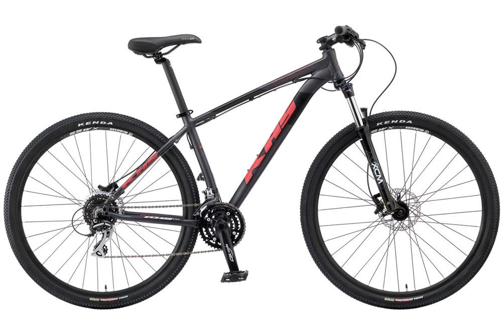 KHS Winslow: Alt text: A modern mountain bike featuring a sleek black frame with red accents, front suspension, and rugged Kenda tires, positioned to showcase its design and components.