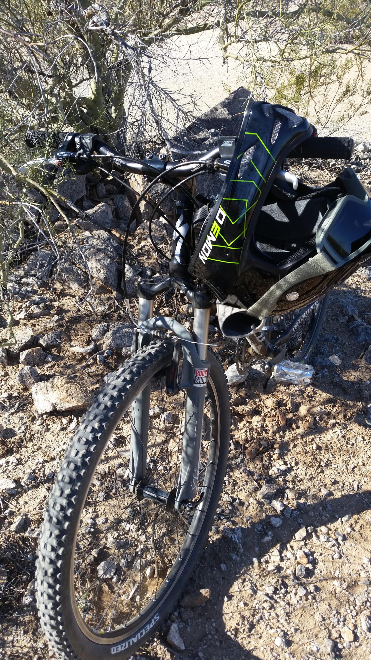 Specialized Stumpjumper: A close-up view of a mountain bike leaned against a rocky terrain, featuring a prominent front wheel with a knobby tire, and handlebars equipped with grips and a gear shifter. The bike is partially obscured by a bush in the background, indicating a natural outdoor setting. A helmet is attached to the handlebars.