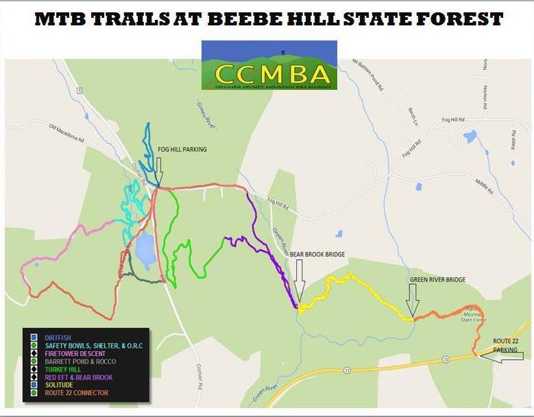 Map of mountain bike trails at Beebe Hill State Forest, showing various routes including key landmarks such as Fog Hill Parking, Bear Brook Bridge, and Green River Bridge. The trails are marked in different colors, with a legend indicating specific routes and features. The map is presented by the CCMBA (Columbia County Mountain Bike Association). Beebe Hill State Forest mountain bike trail.