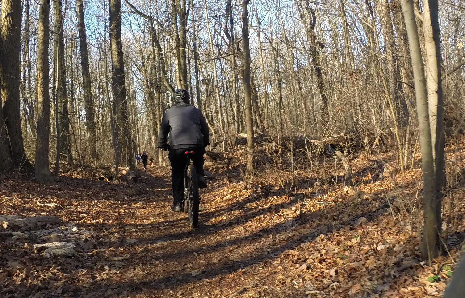 A person riding a mountain bike on a dirt trail winding through a forest with tall trees and autumn leaves scattered on the ground. Other cyclists can be seen in the background. Richmond Avenue and Forest Hill road mountain bike trail.