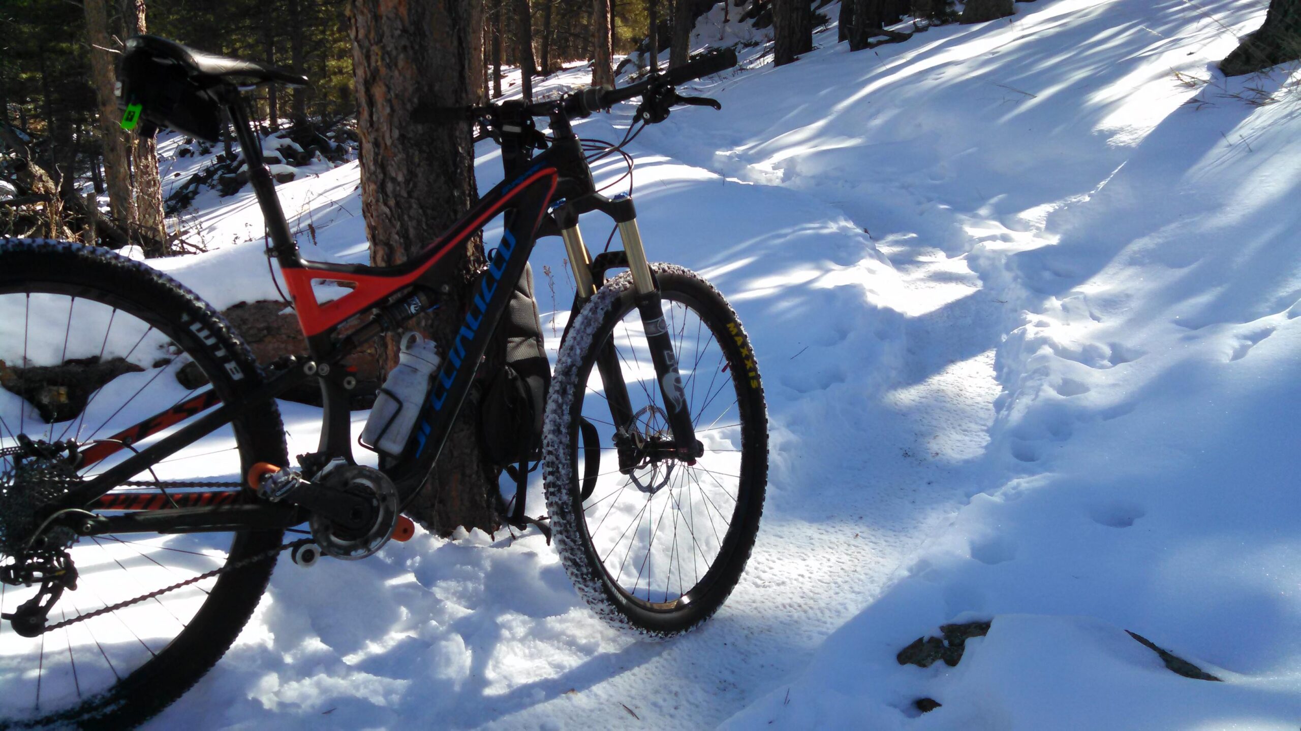 Specialized Stumpjumper FSR Expert Carbon EVO 29: A mountain bike leaning against a tree on a snowy trail, with tire tracks and a mix of snow and dirt in the background. Sunlight filters through the trees, creating a serene winter landscape.