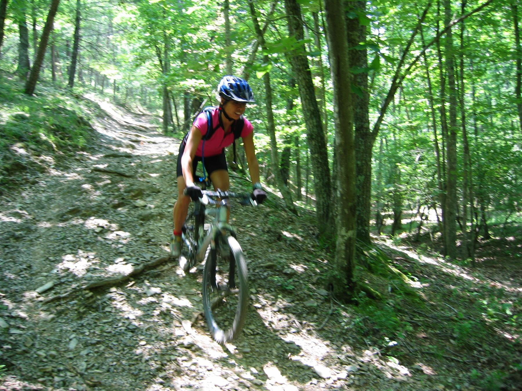 A mountain biker riding down a rocky trail surrounded by lush green trees in a forest. The cyclist is wearing a helmet and a bright pink and black outfit, navigating the uneven terrain on a mountain bike. Sunlight filters through the leaves, illuminating the path ahead. Carvin's Cove Trail system mountain bike trail.