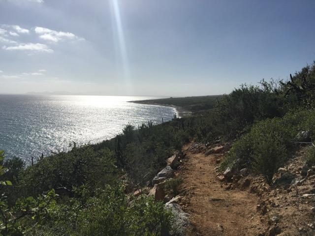 A coastal landscape featuring a sandy beach in the distance, viewed from a hiking trail surrounded by green vegetation and rocky terrain. The sunlight reflects off the calm ocean waters, creating a serene atmosphere under a partly cloudy sky. Punta Gorda Trail mountain bike trail.