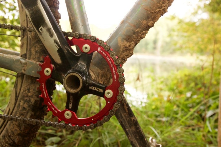 Close-up view of a mountain bike's crankset and chain, featuring a red chainring with visible dirt and wear. The background shows a natural setting with greenery and a blurred view of a river.