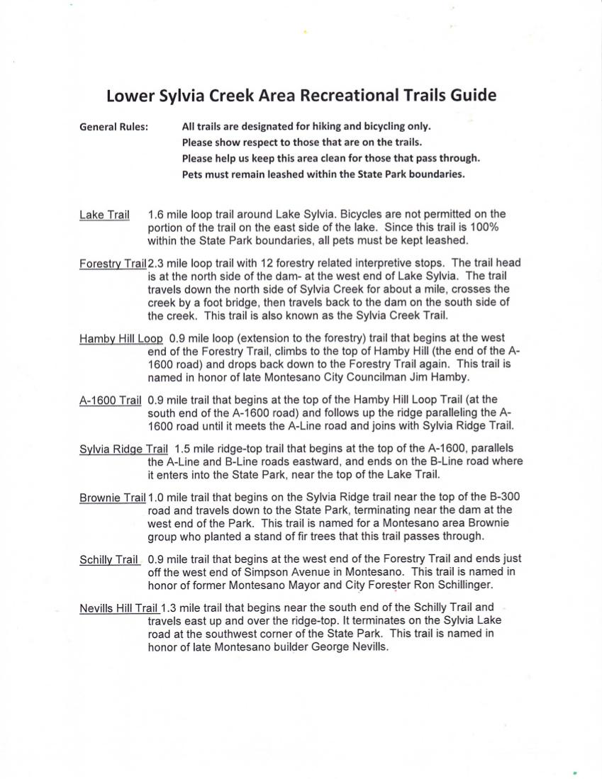 Text document detailing the Lower Sylvia Creek Area Recreational Trails Guide. It includes general rules for trail use, descriptions of various trails in the area with distances, key features, and trail names, including Lake Trail, Forestry Trail, Hamby Hill Loop, A-1600 Trail, Sylvia Ridge Trail, Brownie Trail, Schilly Trail, and Nevills Hill Trail. The document emphasizes respect for other trail users and the importance of keeping the area clean. Sylvia Ridge Loop mountain bike trail.