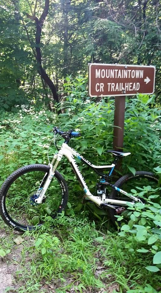 A mountain bike leaning against a trail sign indicating the Mountaintown CR Trailhead, surrounded by dense green foliage and trees in a natural setting. Pinhoti Trail: Mountaintown Creek Segment mountain bike trail.
