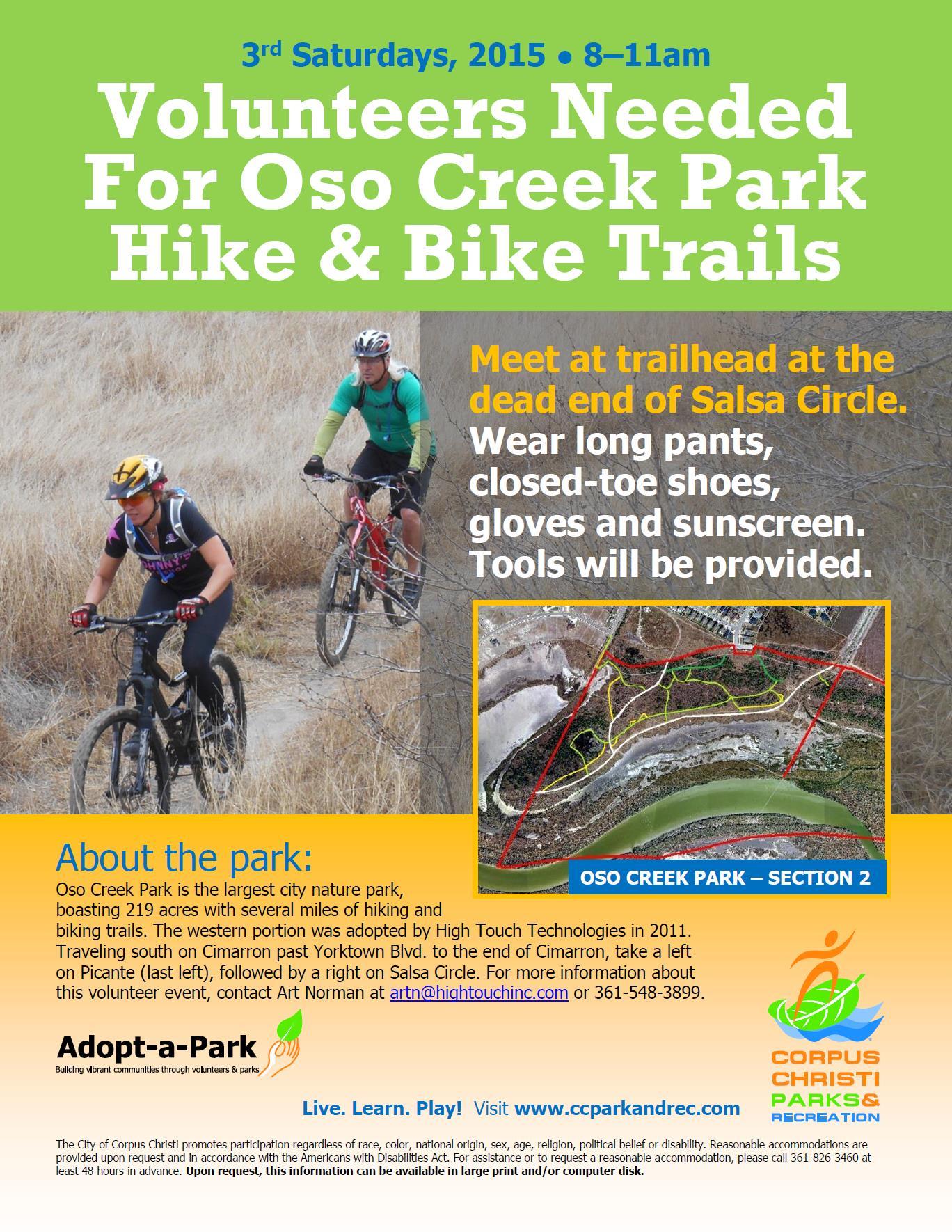 Alt text: A promotional flyer inviting volunteers for a trail cleanup event at Oso Creek Park, featuring mountain bikers on a dirt path, event details including meeting time and location, and safety gear recommendations. The flyer includes a map of the park and outlines background information about the park's trails. Oso Creek Park mountain bike trail.