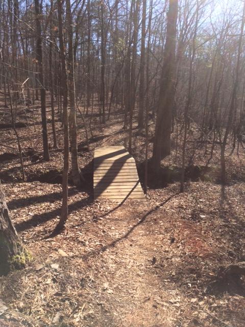 A wooden bridge crossing a small ravine in a sunlit forest, surrounded by bare trees and fallen leaves on the ground. The path leading to the bridge is visible, creating a tranquil woodland scene. Chewacla State Park mountain bike trail.
