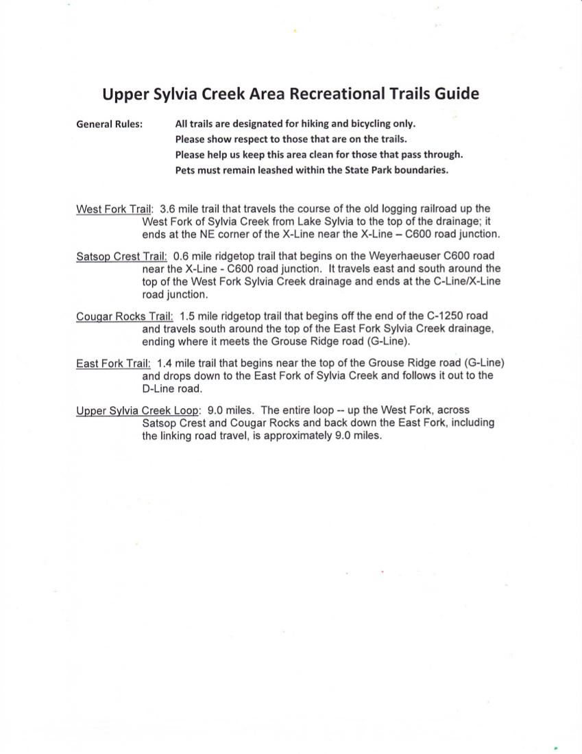 A guide to the Upper Sylvia Creek Area Recreational Trails, detailing various trails available for hiking and biking, including descriptions of the West Fork Trail, SatSop Crest Trail, Cougar Rocks Trail, East Fork Trail, and the Upper Sylvia Creek Loop, along with general rules for trail use. Sylvia Ridge Loop mountain bike trail.