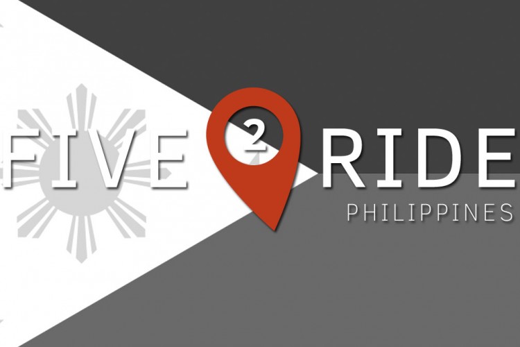 Graphic featuring the text "FIVE 2 RIDE PHILIPPINES" with a location pin icon, set against a stylized background inspired by the Philippine flag, incorporating elements such as stars and a sun emblem.