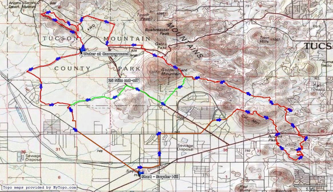 Map of Tucson Mountain County Park showing various trails and routes, including a highlighted 25-mile cut-off. Key points indicate water availability at a campground, with blue arrows marking directions along the trails. The map features contour lines representing elevation changes. Tucson Mountain Park mountain bike trail.