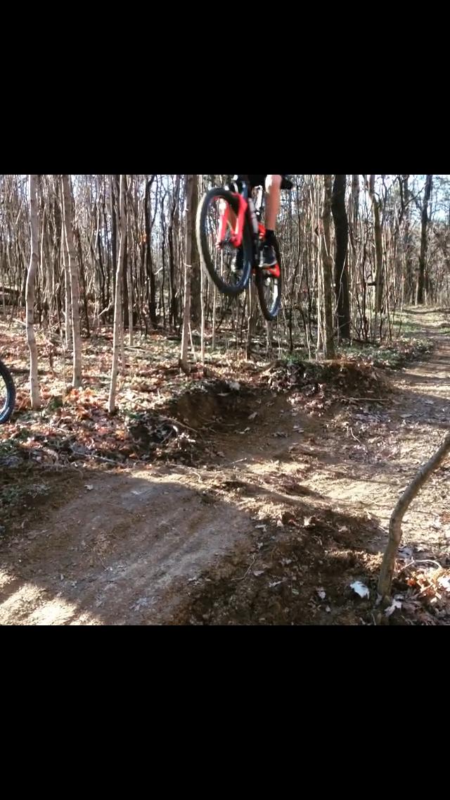 A mountain biker performing a jump over a dirt ramp on a wooded trail, with trees and fallen leaves surrounding the area. The bike is in mid-air, showcasing the action of the jump. Cane Ridge mountain bike trail.