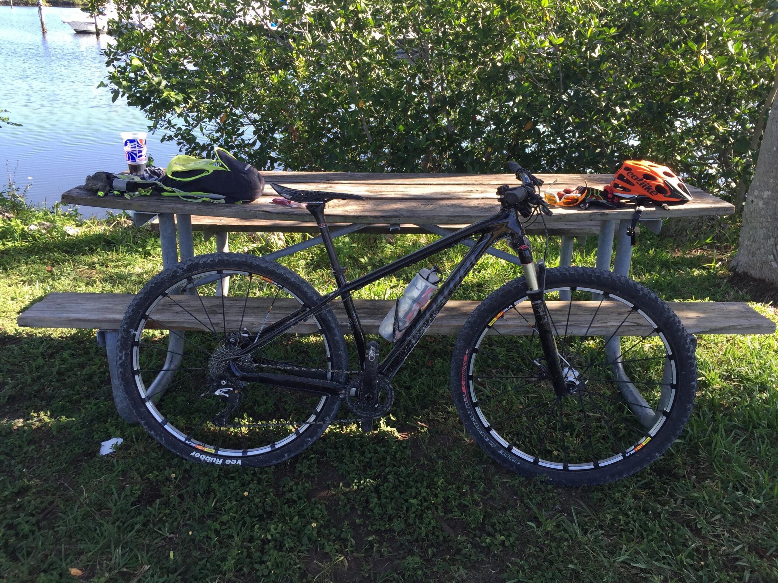 Specialized Stumpjumper: A black mountain bike is resting near a picnic table by a body of water. A colorful helmet, gloves, and a drink cup are placed on the table, with greenery in the background. The scene captures a serene outdoor moment ideal for biking activities.