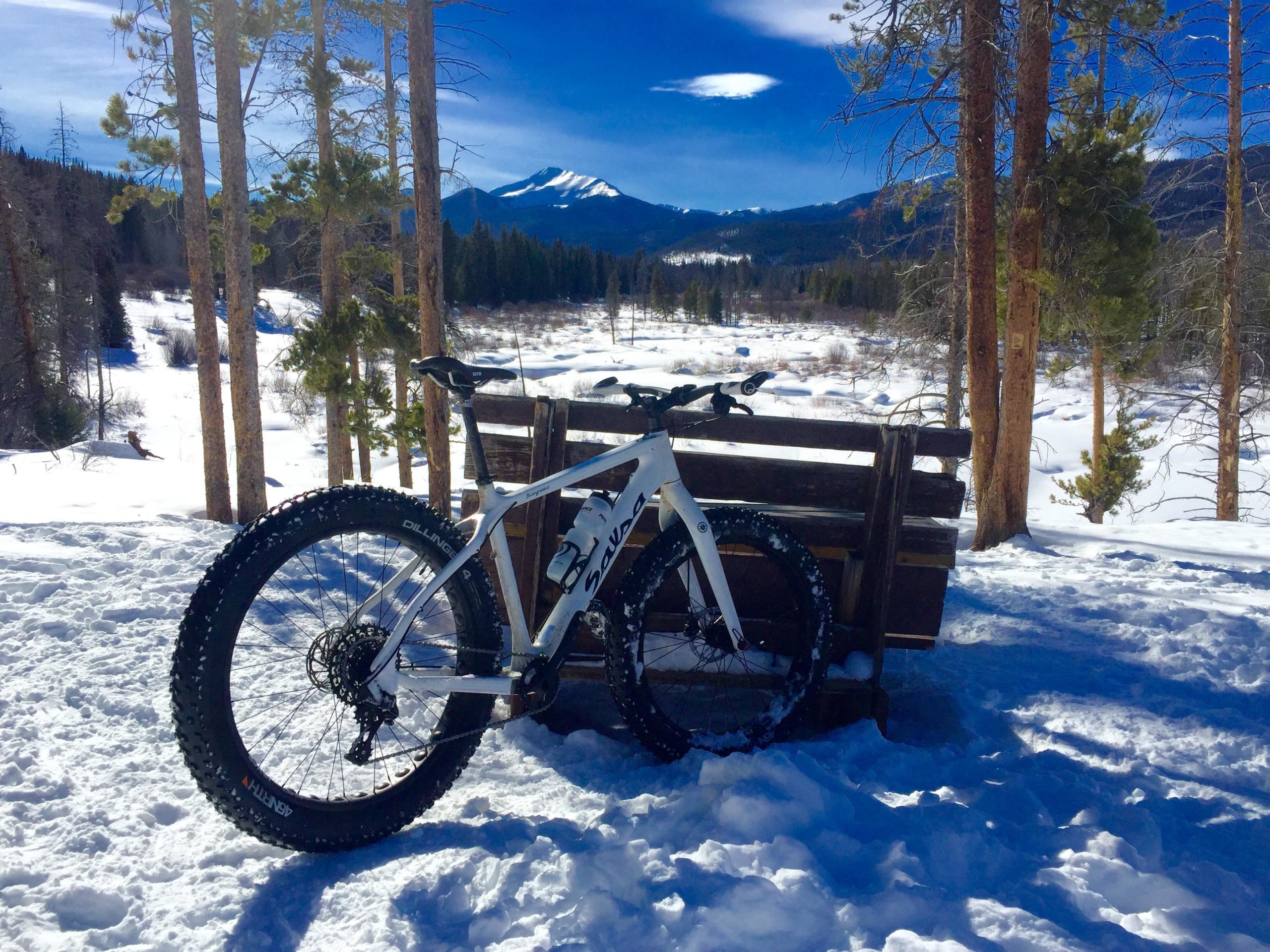 A white fat bike parked next to a wooden bench in a snowy landscape, with tall trees in the background and mountains in the distance under a clear blue sky. Flume Trail mountain bike trail.