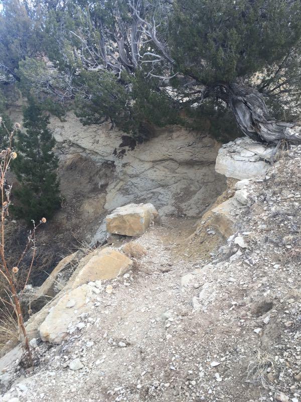 A rocky pathway leading into a natural area, surrounded by bushes and trees. The ground is uneven with various-sized stones and dirt, indicating a hiking trail or incline. The background features a sloped rock face and patches of vegetation. The Buttes mountain bike trail.