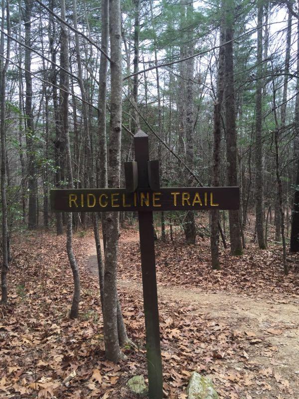 Wooden trail sign reading "RIDGELINE TRAIL" surrounded by trees in a forested area, with a path visible in the background and leaves covering the ground. Ridgeline Trail #65 mountain bike trail.