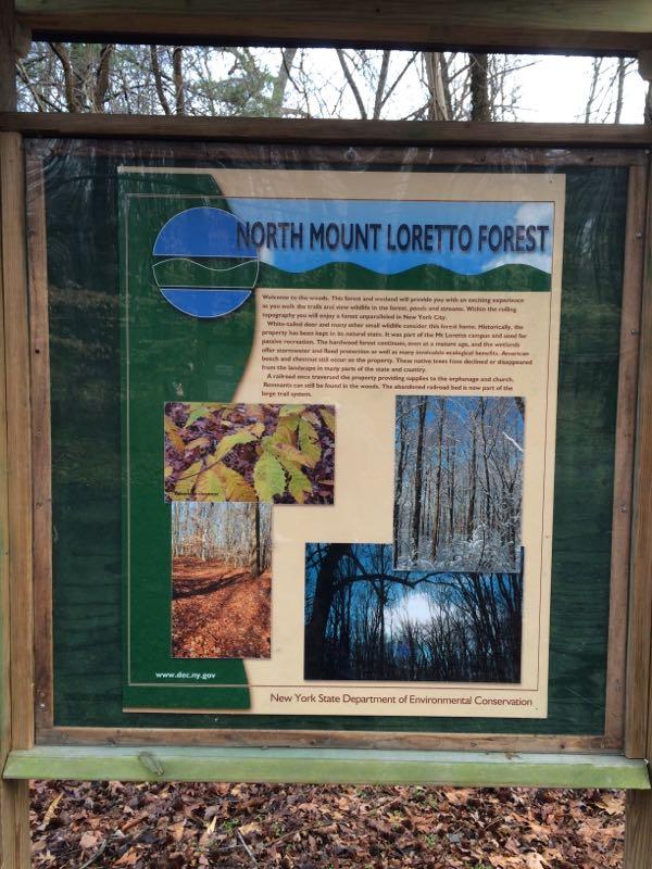 A sign for the North Mount Loretto Forest, featuring a welcome message and information about the forest's history and ecology. The sign includes four images: two showing forest scenes with leaves and trees, one depicting a forest path covered with leaves, and another showing a view of the trees in winter. The sign is framed in wood and has a green background. The text includes details from the New York State Department of Environmental Conservation. Long Pond mountain bike trail.
