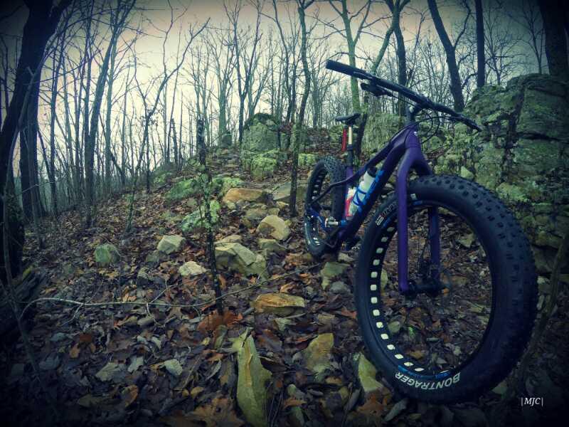 A fat tire mountain bike resting on rocky terrain surrounded by trees in a forested area, with fallen leaves scattered on the ground. The scene is captured in a moody, overcast atmosphere. Coldwater Mountain mountain bike trail.