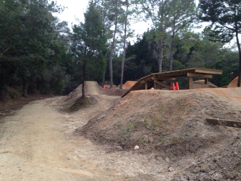 A dirt bike trail featuring a winding path on the left and a series of dirt jumps on the right, including a wooden ramp. Surrounding the area are tall trees, providing a natural backdrop. Orange cones are placed near the jumps, indicating a designated area for riding. Santos mountain bike trail.