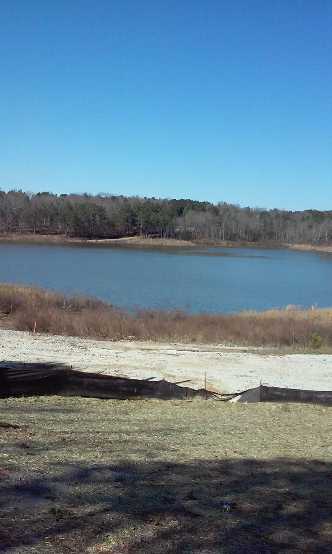 A scenic view of a calm lake surrounded by trees under a clear blue sky. In the foreground, there is an area with grass and a black barrier, while the lake reflects the natural landscape. Duck River mountain bike trail.