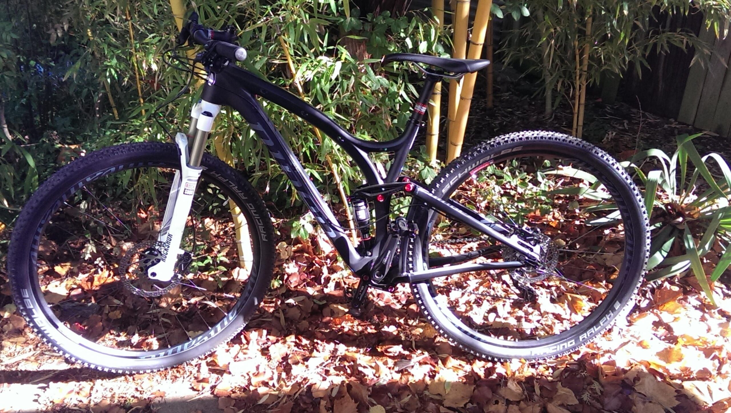 Niner Jet 9 Carbon: A black mountain bike with white front forks is positioned on a bed of autumn leaves, surrounded by lush green plants and bamboo. The bike features wide tires and visible suspension components, highlighting its off-road capability.