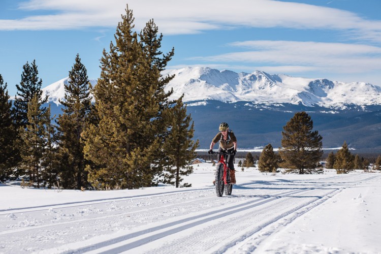 A mountain biker rides a fat tire bike along a snowy trail, surrounded by tall pine trees with a backdrop of snow-capped mountains under a clear blue sky.